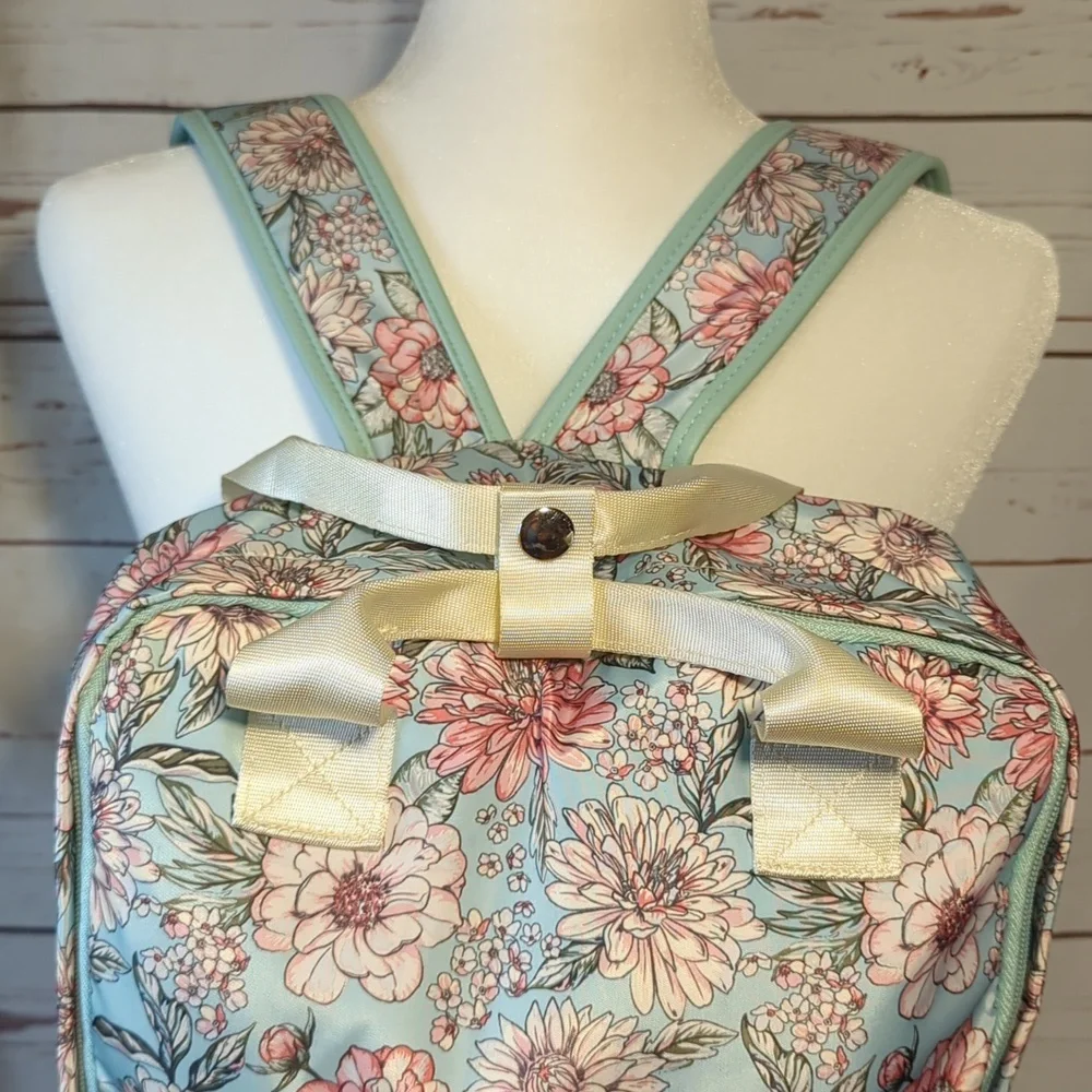 Chrysanthemum Floral Teal and Pink‎ Women's Backpack Purse Satin Feminine Girly